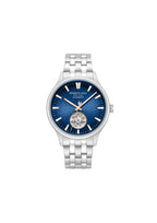 Kenneth Cole men's Newport silver skeleton automatic watch with visible dial and stainless steel band, stylish and elegant timepiece.