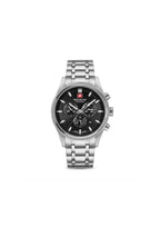Swiss Military Hanowa Airman First Class chronograph men's watch with black dial, stainless steel case, and leather strap.