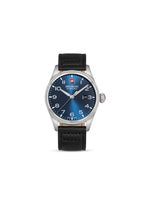 Swiss Military Hanowa men's Thunderbolt watch with black dial, stainless steel case, and Swiss Made movement.