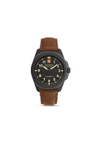 Swiss Military Hanowa Fieldmaster men's Swiss watch with black dial, stainless steel case, and leather strap.