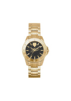 Philipp Plein Sport ladies watch with black dial, gold case, quartz movement, stylish design, and branding details.