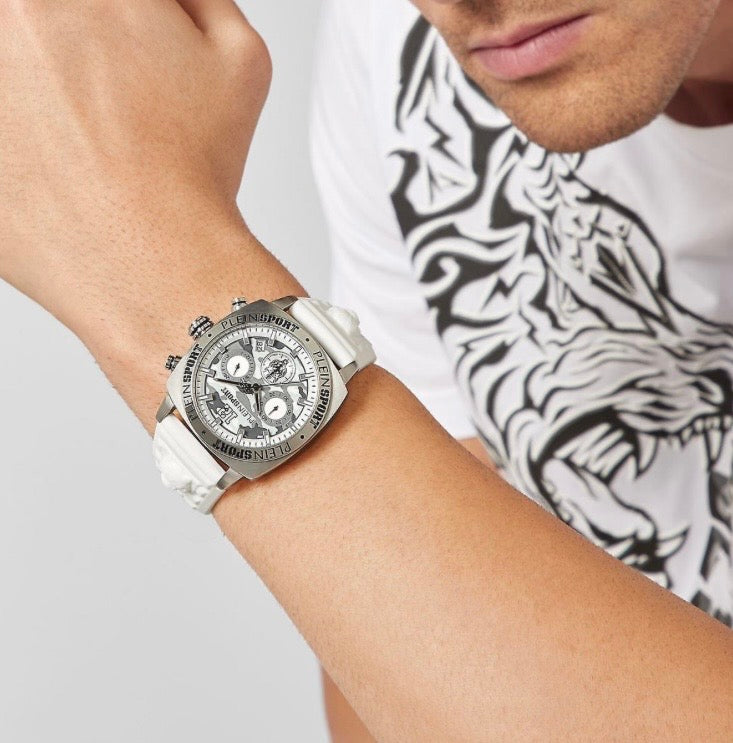 Philipp Plein Sport Watch Mens Wildcat Chronograph White Dial Silver Case Quartz PSGBA0123