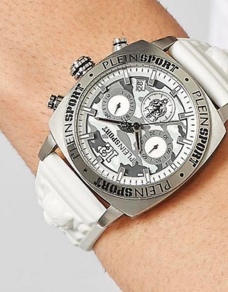 Philipp Plein Sport Watch Mens Wildcat Chronograph White Dial Silver Case Quartz PSGBA0123