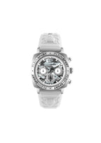 Philipp Plein Sport men's Wildcat chronograph watch with white dial, silver case, and quartz movement.