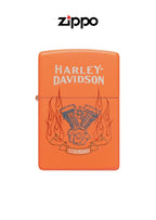 Zippo lighter with Harley Davidson legendary design, featuring detailed motorcycle artwork on the metal surface.