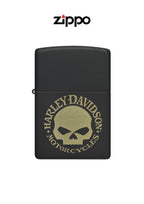 Zippo lighter featuring Harley Davidson Willie G skull design with engraved detailing and chrome finish.