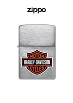 Zippo lighter with Harley Davidson chrome logo design, classic metal finish, and engraved branding.