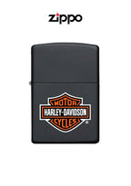 Zippo lighter with Harley Davidson classic logo design, featuring a sleek metal body and iconic branding, displayed in the image.