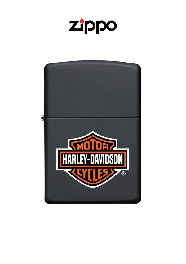 Zippo lighter with Harley Davidson classic logo design, featuring a sleek metal body and iconic branding, displayed in the image.