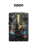 Zippo lighter featuring Anne Stokes The Ferryman design with intricate artwork and classic metal finish.