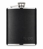 Zippo black leather stainless steel 6oz flask with attached screw cap, designed for stylish alcohol storage accessories.