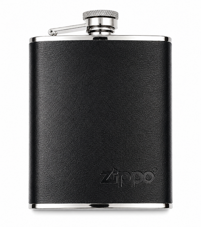 Zippo black leather stainless steel 6oz flask with attached screw cap, designed for stylish alcohol storage accessories.