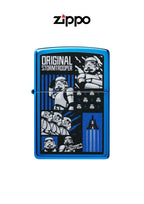 Zippo lighter featuring a Stormtrooper collage design, original Zippo brand lighter with detailed artwork in the image.