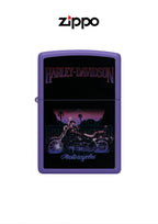 Zippo lighter with Harley Davidson black light motorcycle design, featuring a sleek black finish and detailed motorcycle artwork.