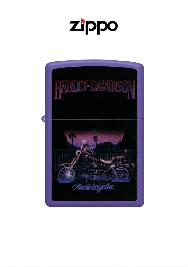 Zippo lighter with Harley Davidson black light motorcycle design, featuring a sleek black finish and detailed motorcycle artwork.