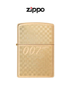 Zippo lighter featuring James Bond 007 gun logo design, classic metal case with detailed branding and sleek finish.