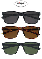 Zippo sunglasses OB224 range with UV400 protection, featuring stylish black frames and dark tinted lenses.