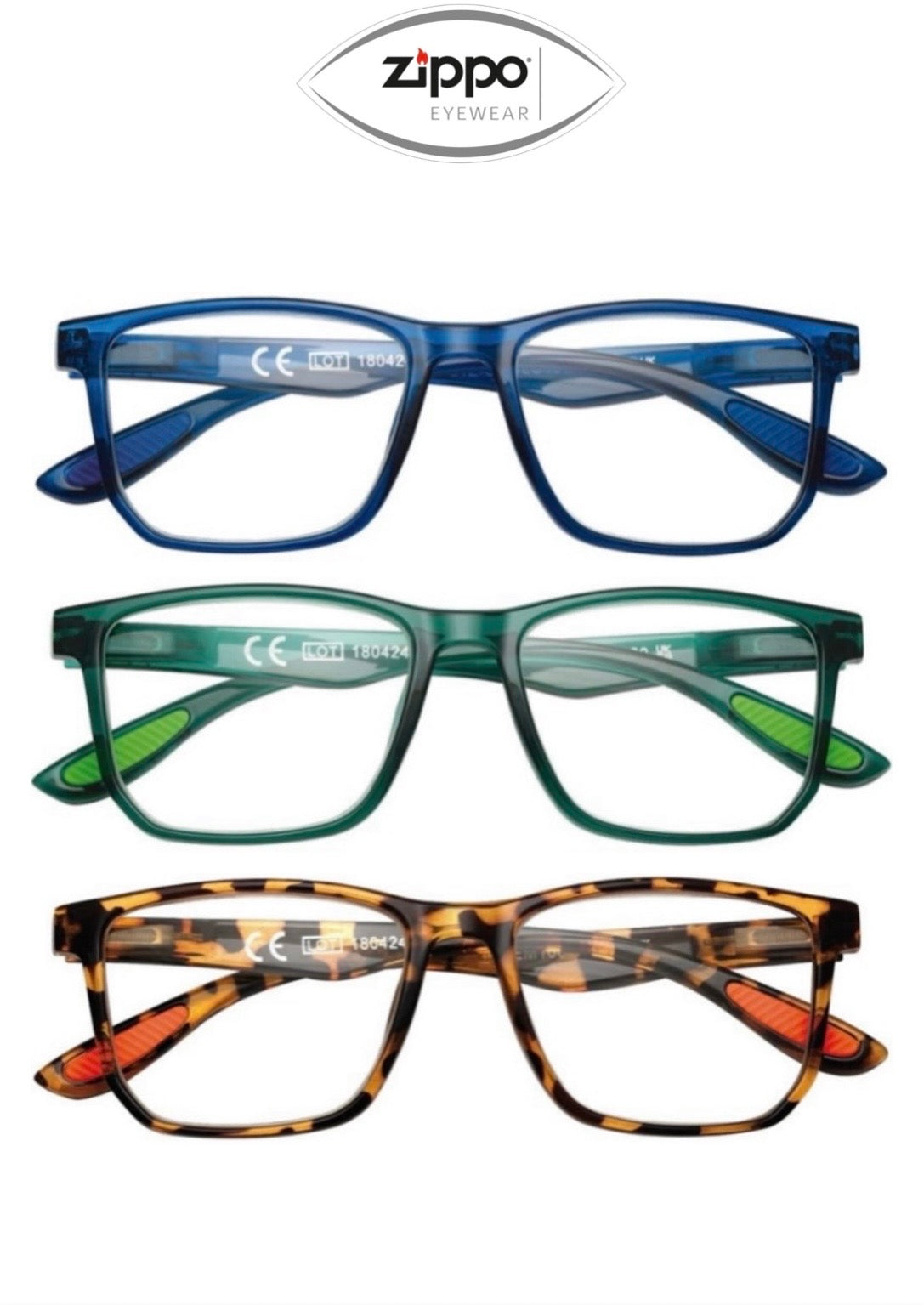 Zippo brand reading glasses with clear lenses and black frames, designed for non-prescription use, model 31Z-G8.