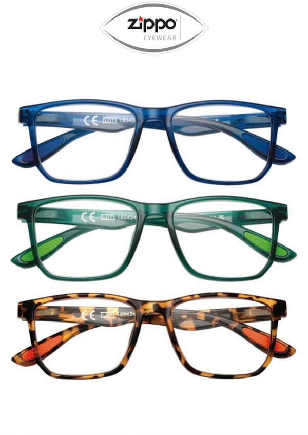 Zippo brand reading glasses with clear lenses and black frames, designed for non-prescription use, model 31Z-G8.