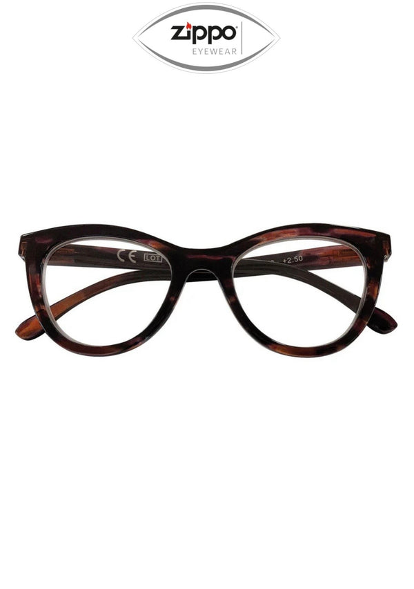 Zippo brand reading glasses with clear lenses and black frame, designed for non-prescription use, shown in the image.