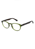 Ted Baker unisex non-prescription reading glasses in khaki green with round frames and clear lenses.