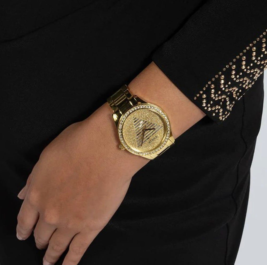 Guess Womens Lady Idol Gold Tone Glitter Crystal Watch GW0605L2