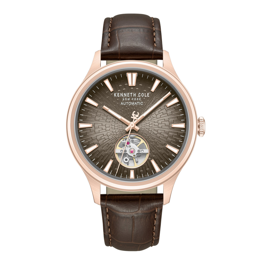 Kenneth Cole Mens Watch Newport Brown Skeleton Automatic KCWGX0098004