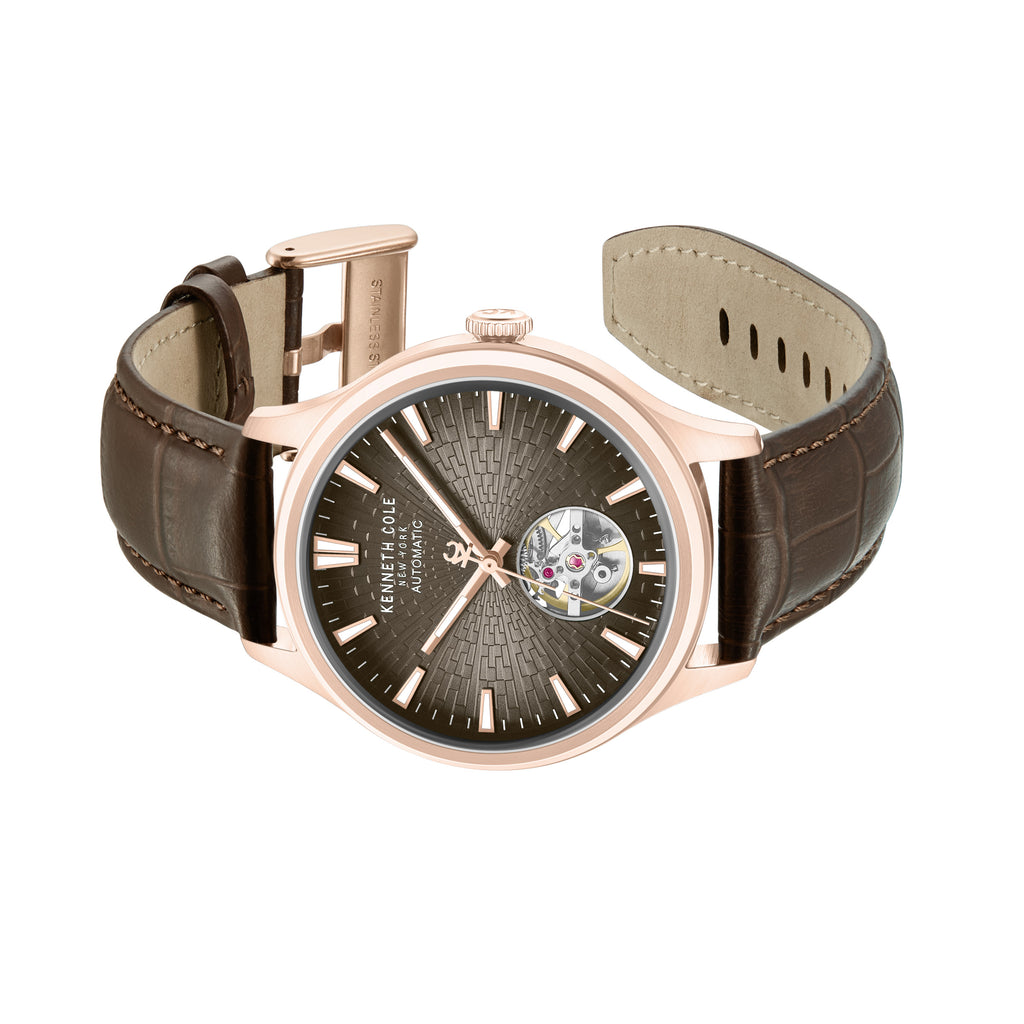 Kenneth Cole Mens Watch Newport Brown Skeleton Automatic KCWGX0098004