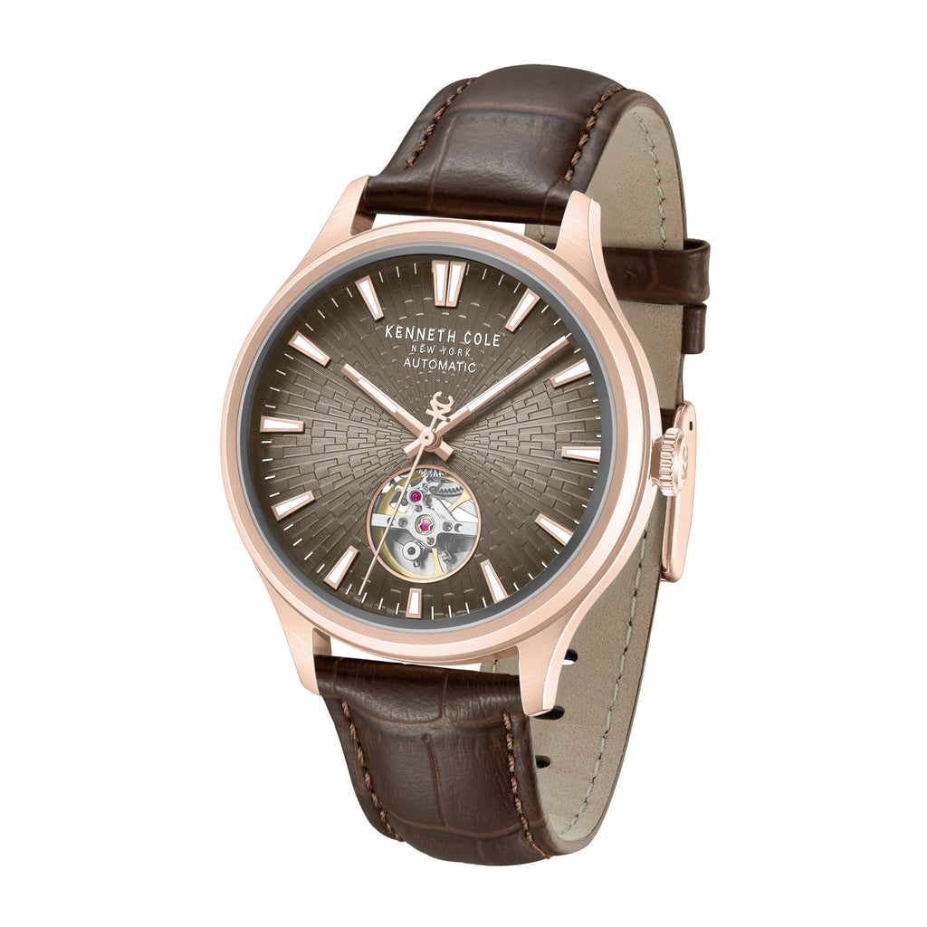 Kenneth Cole Mens Watch Newport Brown Skeleton Automatic KCWGX0098004