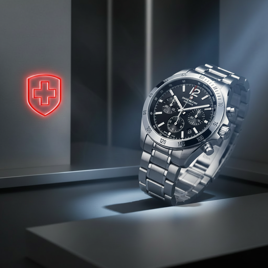 Swiss Military luxury chronograph SMWGI0003104 watch in brushed stainless steel, shown in a premium studio setting with cool blue highlights, polished bracelet reflections, and a refined Swiss Military logo featuring a red cross. 